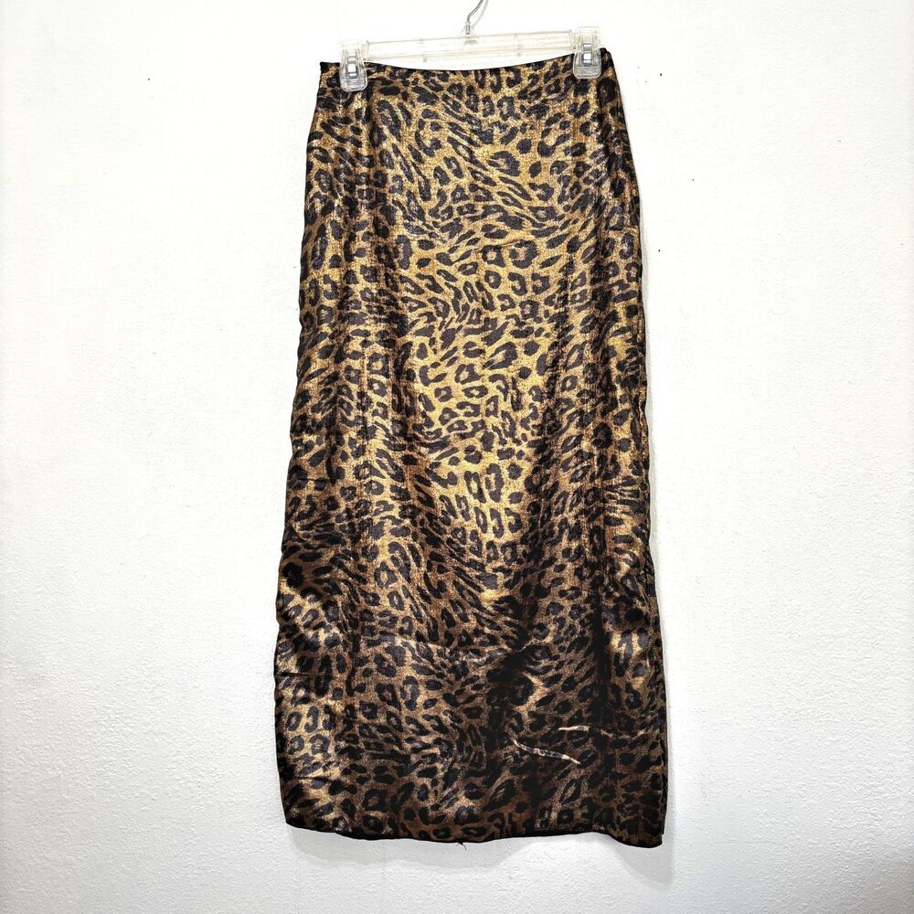 Womens Metallic Animal Print Maxi Skirt Medium Evening Wear Leopard Shimmer Glam